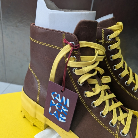 Camper Lace-Up Traktori Leather Lug Sole Boots in Brown and Yellow - Picture 3 of 10